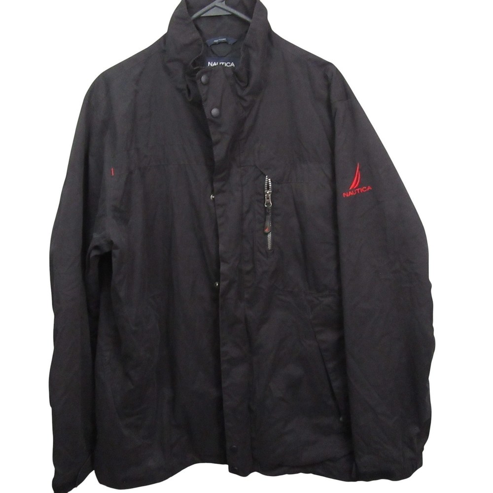 Nautica Mens Jacket L Black Collar Double Zipper Pockets Cotton Blend Logo